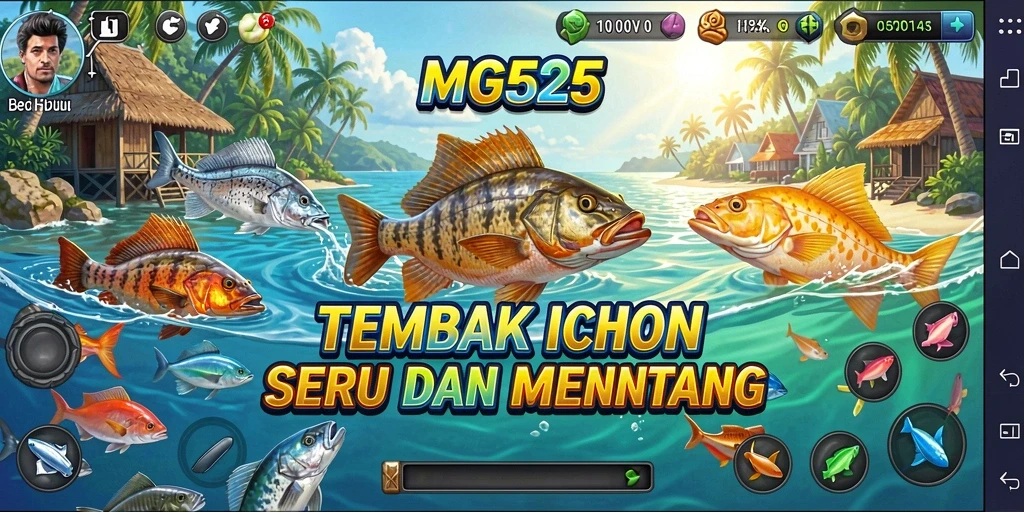 Screenshot gameplay MG525 menunjukkan aksi menangkap ikan yang mendebarkan.