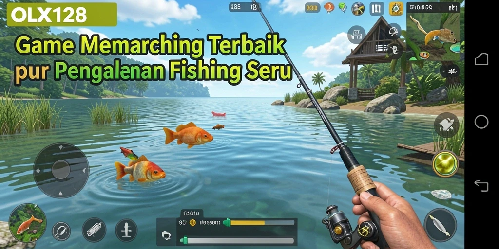 Screenshot gameplay OLX128 menampilkan aksi memancing seru di laut.