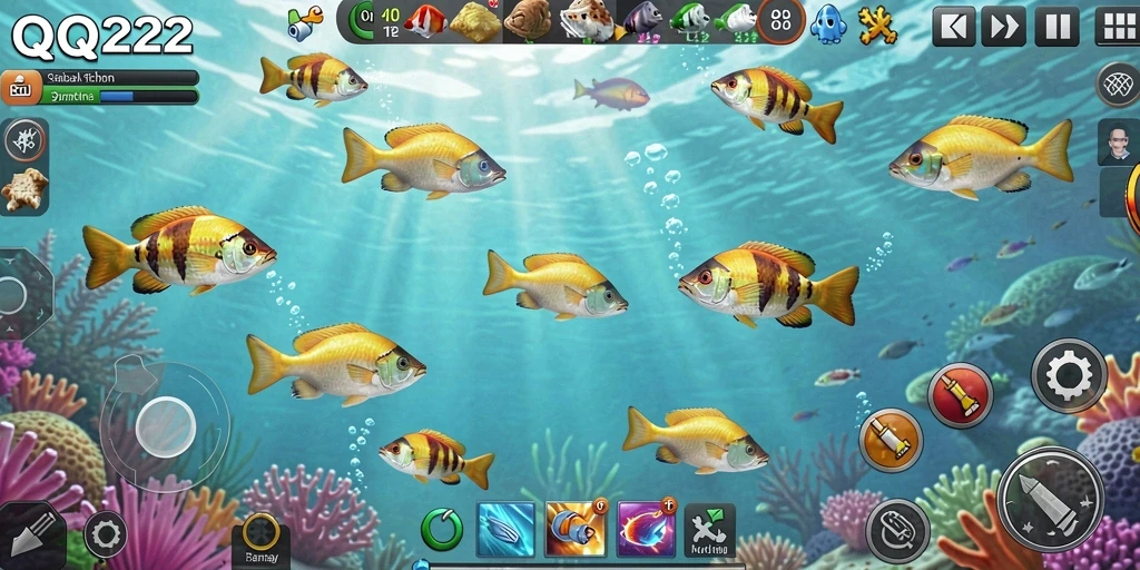 Screenshot gameplay QQ222 menampilkan aksi seru berburu ikan.
